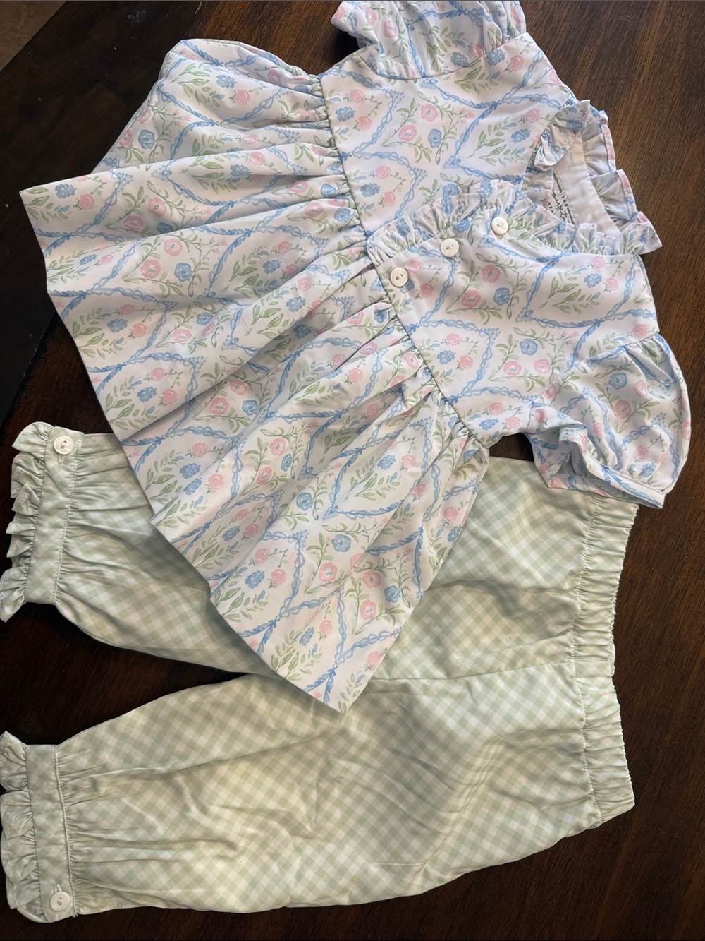 Pastel Floral Baby Dress & Gingham 12m Pants Set - Pink, Blue, Green